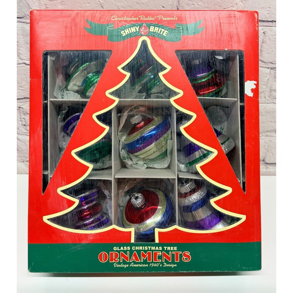 Radko Shiny Brite Glass Christmas Ornaments Box 9 UFO Bell Unique Shapes Retro